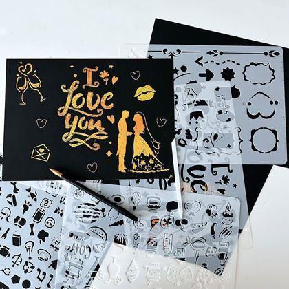 Obrazek z 5 szt. szablonów do wyskrobywania A4 + 2 długopisy