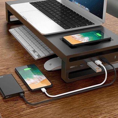 Obraz Metalowy stojak na monitor z portami USB i ładowaniem bezprzewodowym