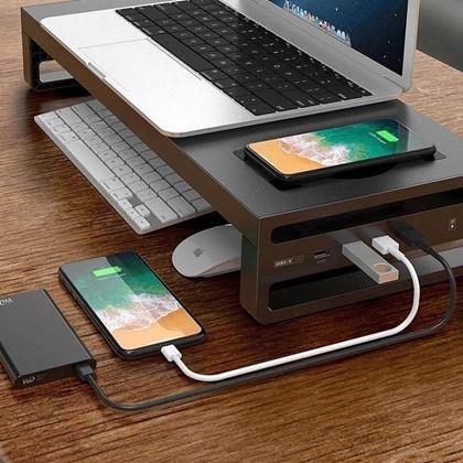 Obrazek z Metalowy stojak na monitor z portami USB i ładowaniem bezprzewodowym