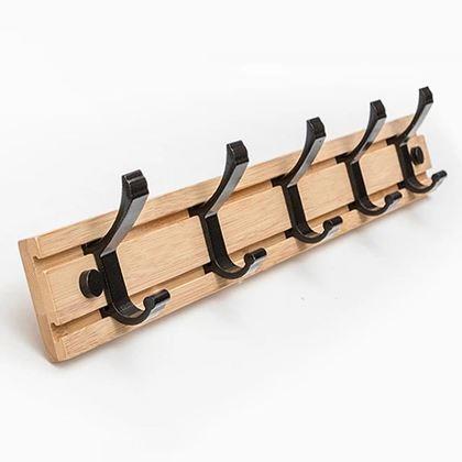 Obrazek z Drewniany wieszak z 5 metalowymi haczykami 50 cm
