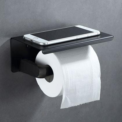 Obrazek z Metalowy uchwyt na papier toaletowy z półką na odłożenie