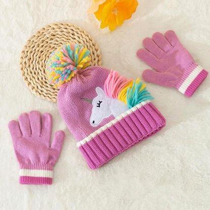 Obraz Dziecięcy zimowy zestaw czapka i rękawiczki z jednorożcem