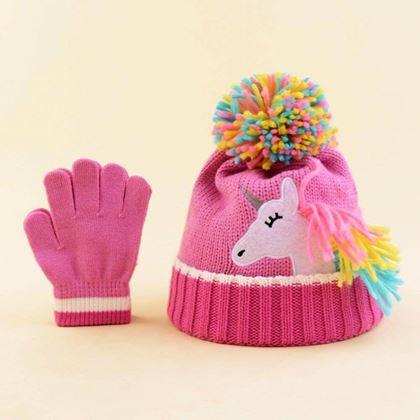 Obrazek z Dziecięcy zimowy zestaw czapka i rękawiczki z jednorożcem