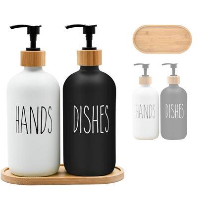 Obrazek z Zestaw dozowników z pompką na mydło i płyn do naczyń na tacy
