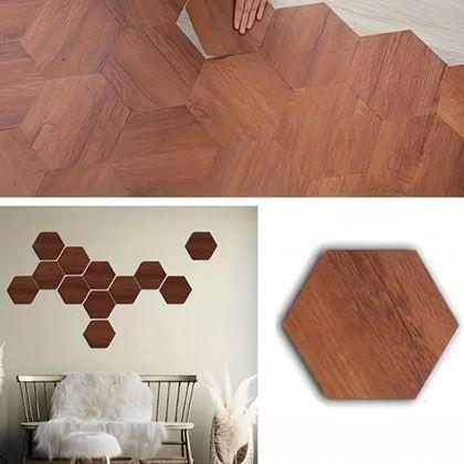 Obrazek z 10 sztuk samoprzylepnych paneli sześciokątnych - ciemne drewno