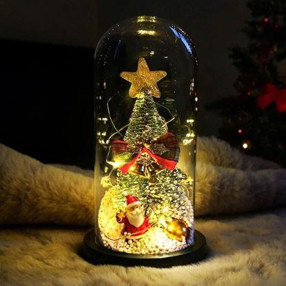 Obraz Świecąca choinka bożonarodzeniowa w szklanym wazonie w opakowaniu prezentowym