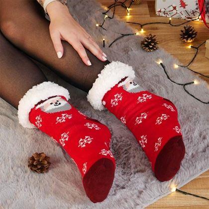Obrazek z Świąteczne ciepłe skarpetki z futerkiem - Mikołaj i śnieżynki