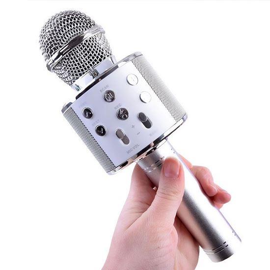 Obrazek z Bezprzewodowy mikrofon karaoke z głośnikiem i Bluetooth srebrny