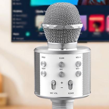 Obrazek z Bezprzewodowy mikrofon karaoke z głośnikiem i Bluetooth srebrny