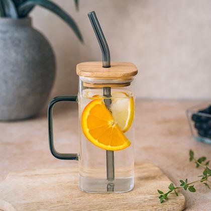 Obrazek z Kwadratowy słoik ze słomką, pokrywką i uchem - 350 ml
