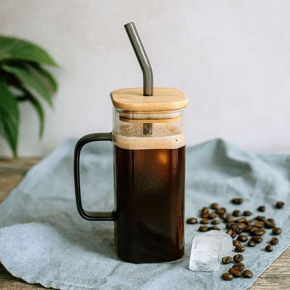 Obrazek z Kwadratowy słoik ze słomką, pokrywką i uchem - 350 ml