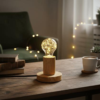 Obrazek z Drewniana lampa stołowa z żarówką  -  światło neutralne