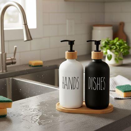 Obrazek z Zestaw dozowników z pompką na mydło i płyn do naczyń na tacy