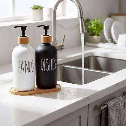 Obrazek z Zestaw dozowników z pompką na mydło i płyn do naczyń na tacy