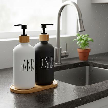 Obrazek z Zestaw dozowników z pompką na mydło i płyn do naczyń na tacy