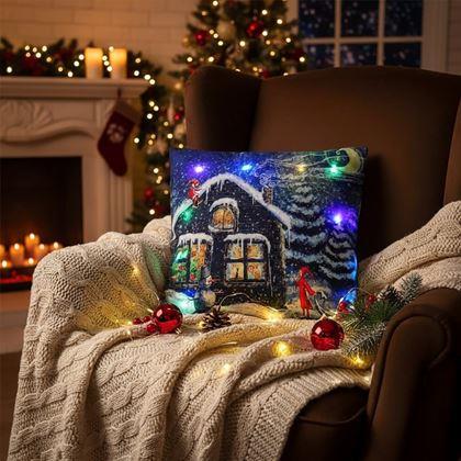 Obrazek z Świąteczna świecąca poszewka na poduszkę  -  domek bożonarodzeniowy