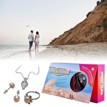 Obrazek z Perła życzeń w małży z naszyjnikiem, kolczykami i pierścionkiem