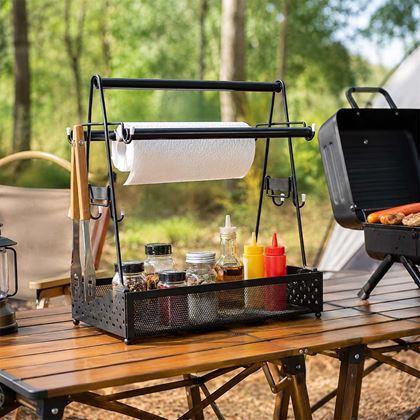 Obrazek z Przenośny metalowy organizer na akcesoria do grillowania z uchwytem na ręczniki papierowe