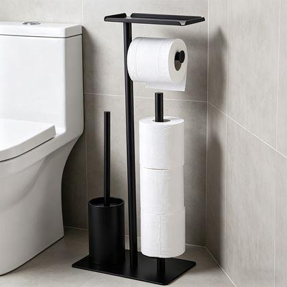 Obrazek z Metalowy czarny stojak na papier toaletowy z szczotką do WC
