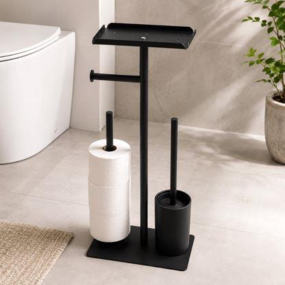 Obraz Metalowy czarny stojak na papier toaletowy z szczotką do WC