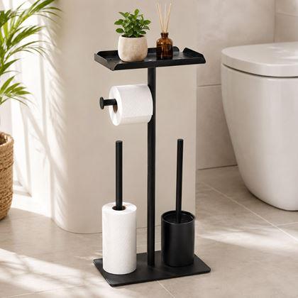 Obrazek z Metalowy czarny stojak na papier toaletowy z szczotką do WC