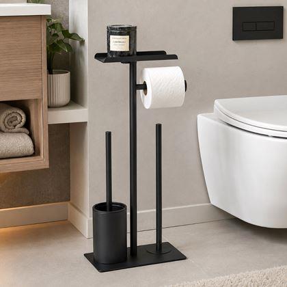 Obrazek z Metalowy czarny stojak na papier toaletowy z szczotką do WC