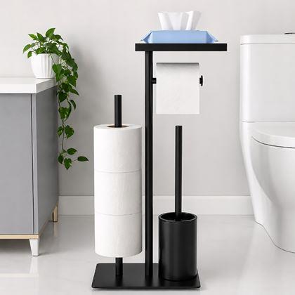 Obrazek z Metalowy czarny stojak na papier toaletowy z szczotką do WC