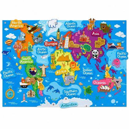 Obrazek z Filcowa mapa świata dla dzieci ze zwierzątkami i zabytkami