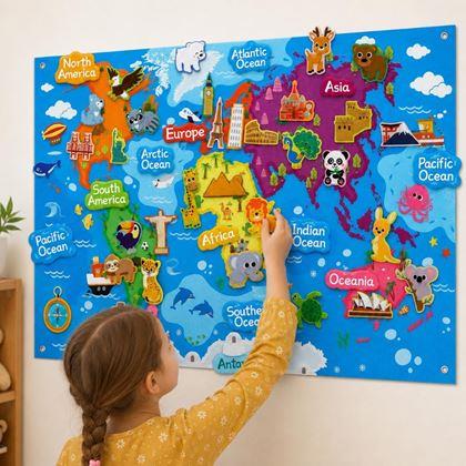 Obrazek z Filcowa mapa świata dla dzieci ze zwierzątkami i zabytkami