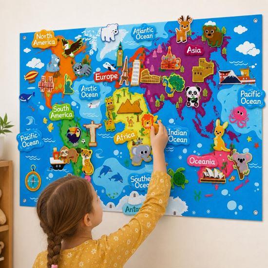 Obrazek z Filcowa mapa świata dla dzieci ze zwierzątkami i zabytkami
