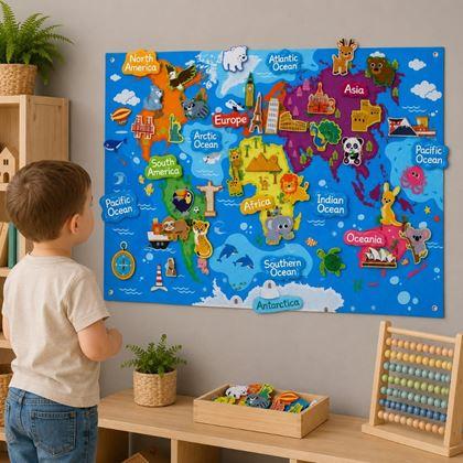 Obrazek z Filcowa mapa świata dla dzieci ze zwierzątkami i zabytkami