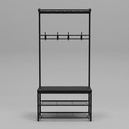 Obrazek z Metalowy czarny stojak do przedpokoju z półką na buty, siedziskiem i wieszakiem, 80x170 cm