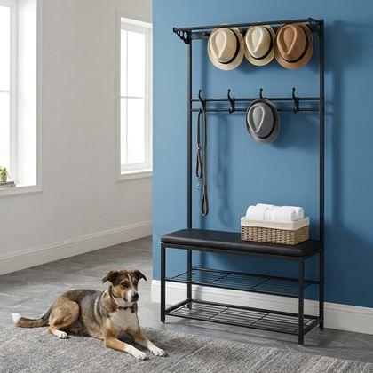 Obrazek z Metalowy czarny stojak do przedpokoju z półką na buty, siedziskiem i wieszakiem, 80x170 cm